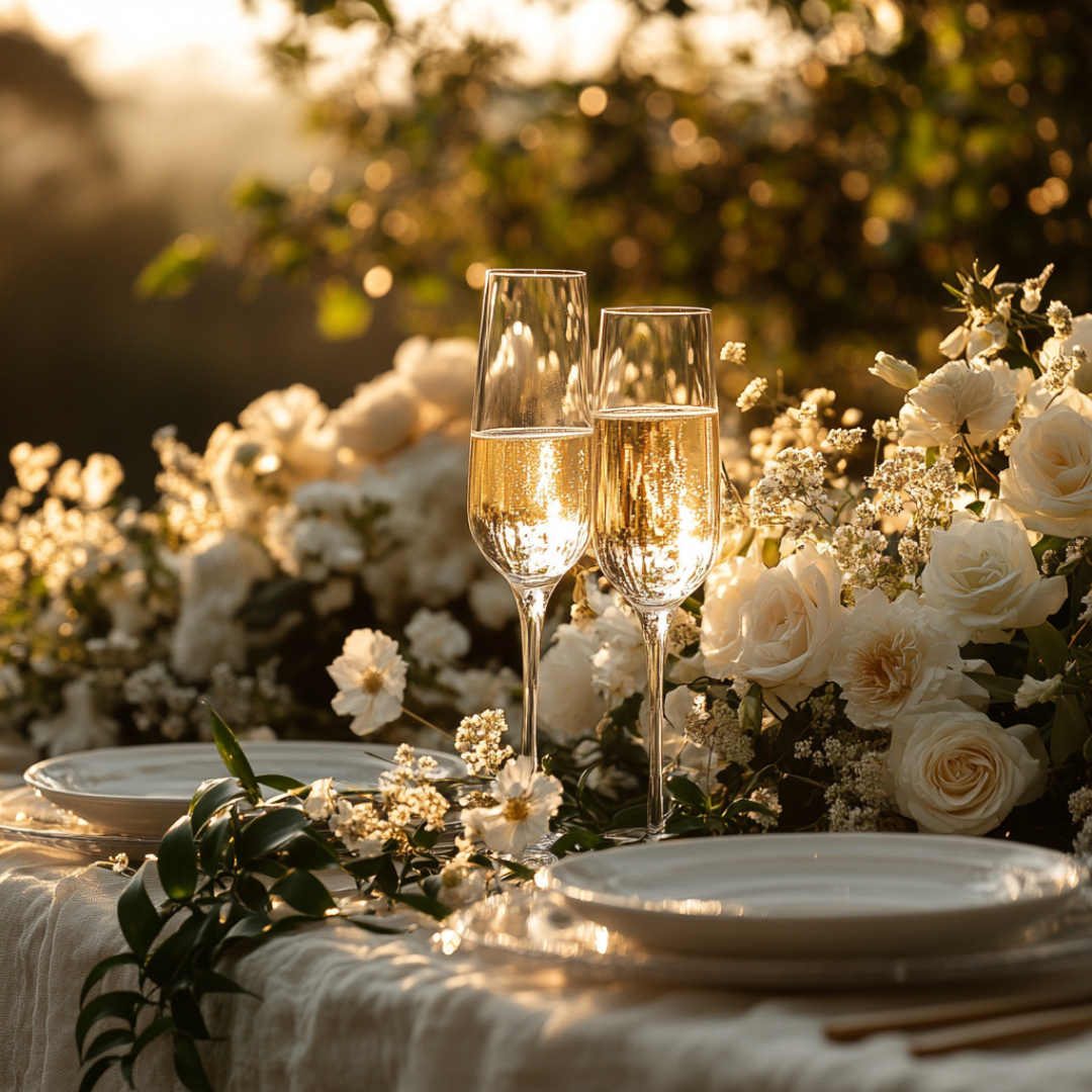Two champagne flutes shimmer in golden sunset light on an elegant outdoor table, surrounded by lush white florals and soft linen, creating a romantic and celebratory atmosphere.