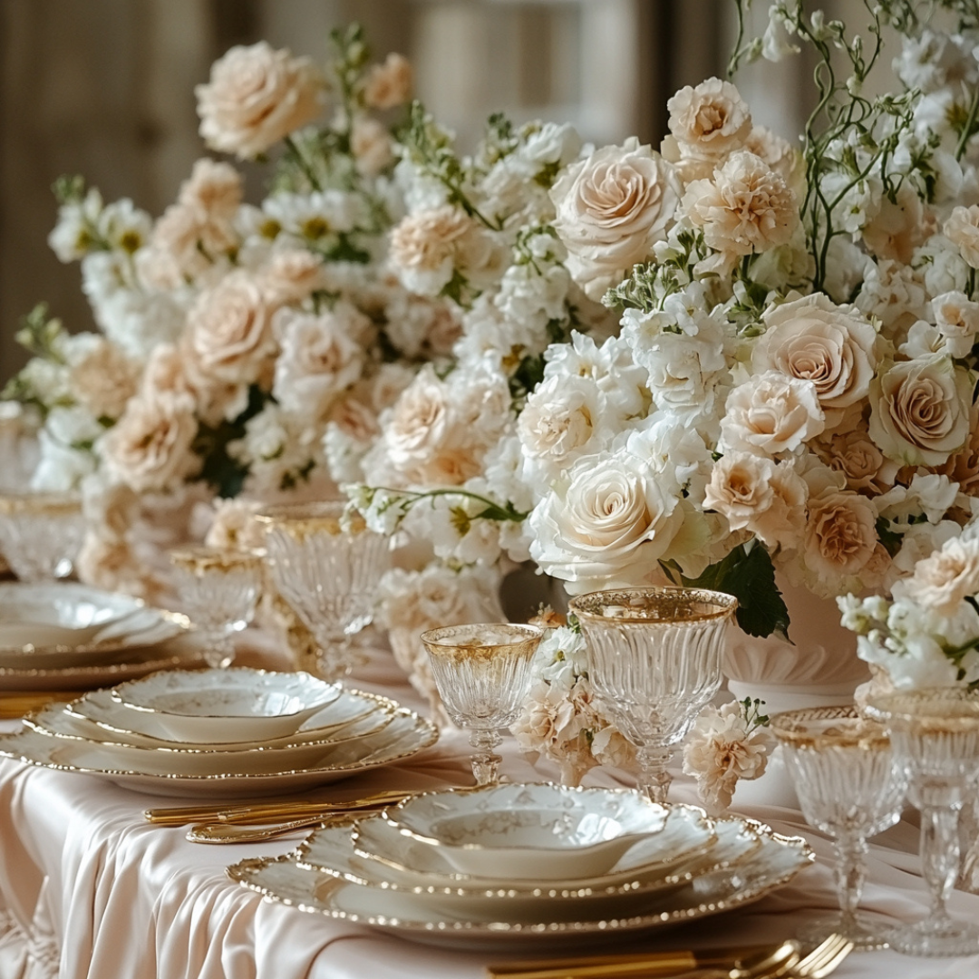 Elegant spring table setting featuring gold-rimmed china and crystal stemware on a soft blush satin tablecloth, adorned with luxurious cream and peach rose floral arrangements for a sophisticated celebration.
