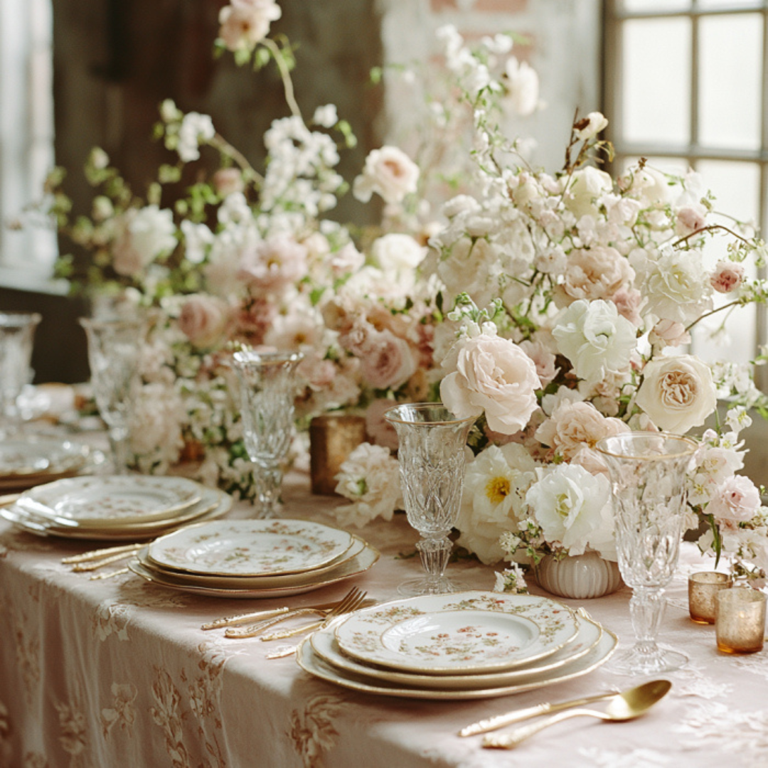 Romantic bridal shower table adorned with vintage floral china, gold flatware, crystal stemware, and a cascading arrangement of blush and ivory garden roses and delicate spring blossoms on a soft pink embroidered tablecloth.