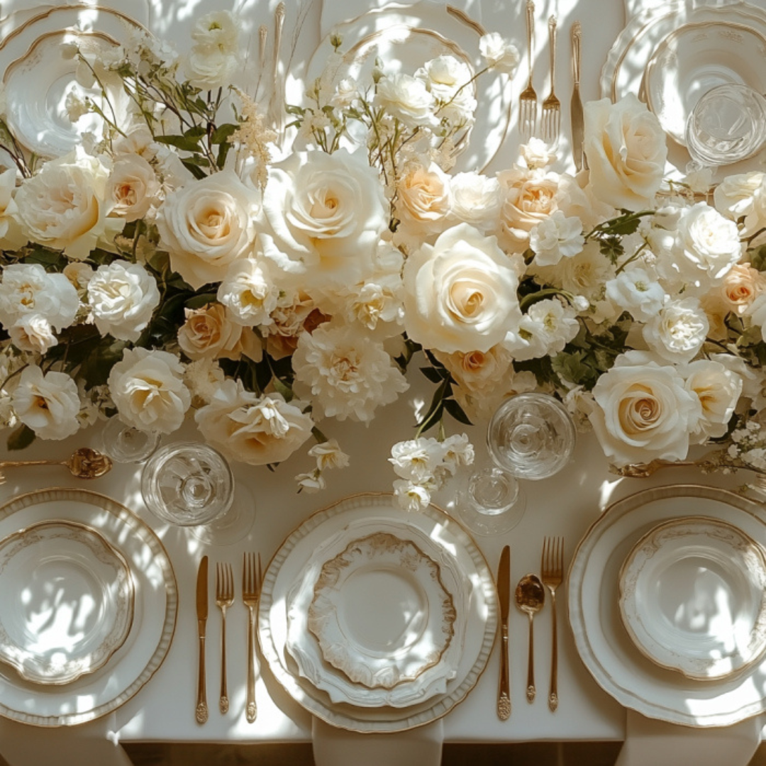 Elegant overhead view of a bridal shower table set with layered white and gold-rimmed china, gold flatware, crystal glassware, and a lush centerpiece of cream and ivory roses and peonies under dappled sunlight.