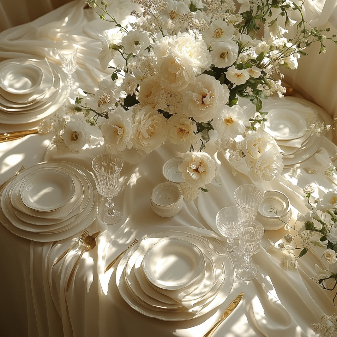 Overhead view of a luxurious ivory bridal shower table setting, styled with layered white porcelain plates, crystal glassware, gold flatware, and lush cream-toned floral arrangements atop flowing satin linens dappled with sunlight.