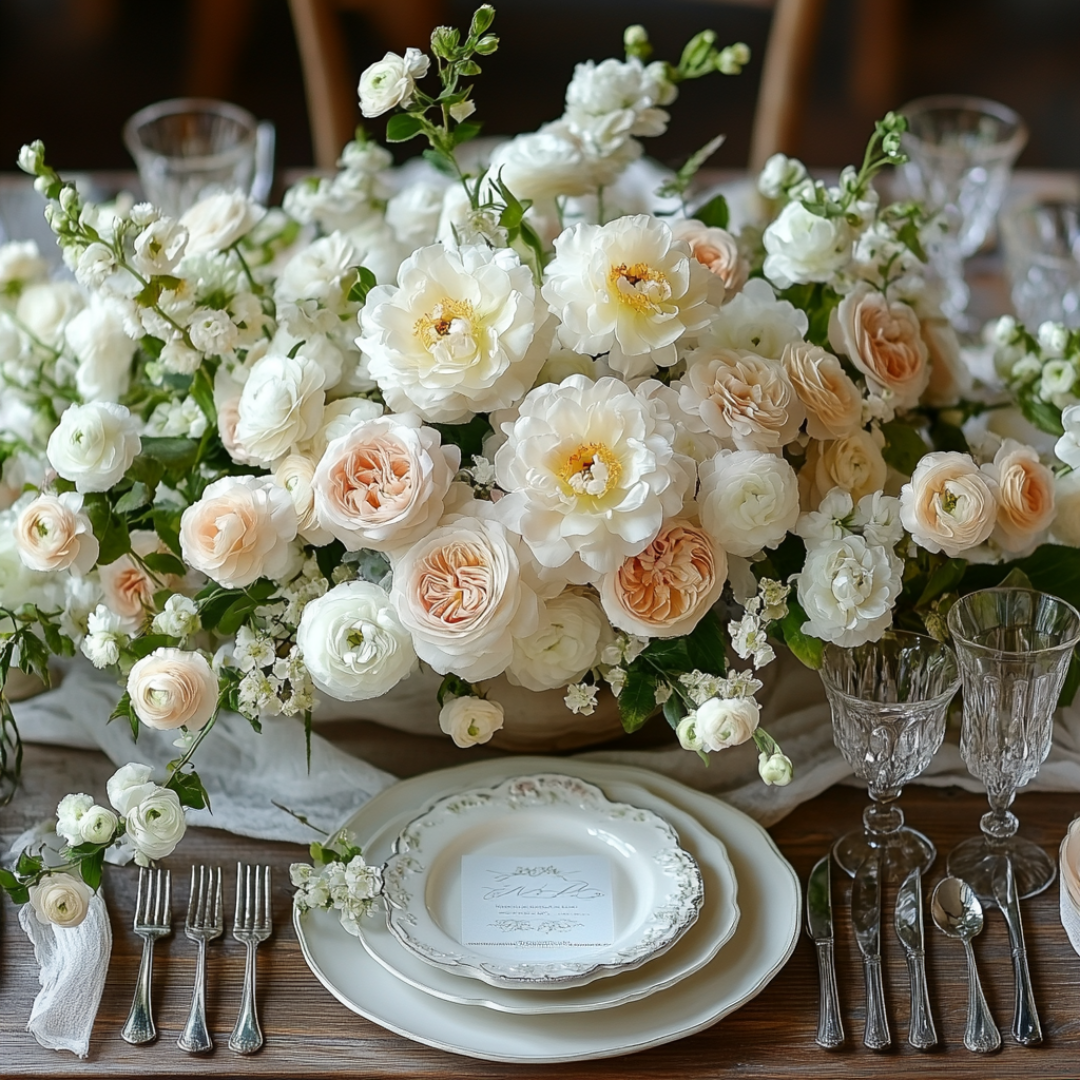 Romantic spring bridal shower table setting featuring vintage floral china, crystal glassware, and a lush centerpiece of white and blush garden roses and ranunculus arranged over a rustic wooden table.