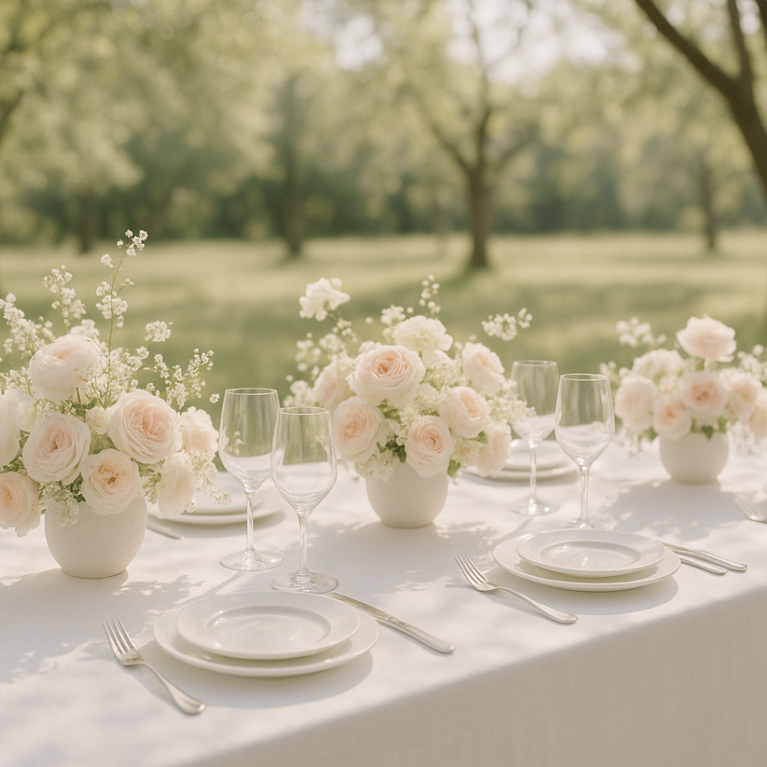 Elegant outdoor table setting under soft spring sunlight, featuring white dinnerware, clear wine glasses, and lush ivory and blush floral arrangements in white vases—perfect for a refined bridal shower or garden celebration.