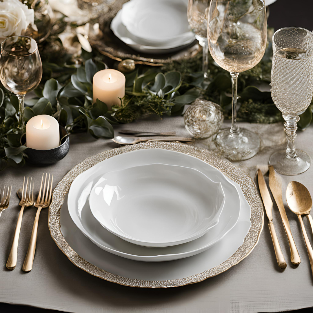 Luxurious wedding table setting with layered white dinnerware on gold-accented chargers, gold flatware, and an arrangement of wine glasses, surrounded by greenery, candles, and elegant decorative accents for a romantic celebration.