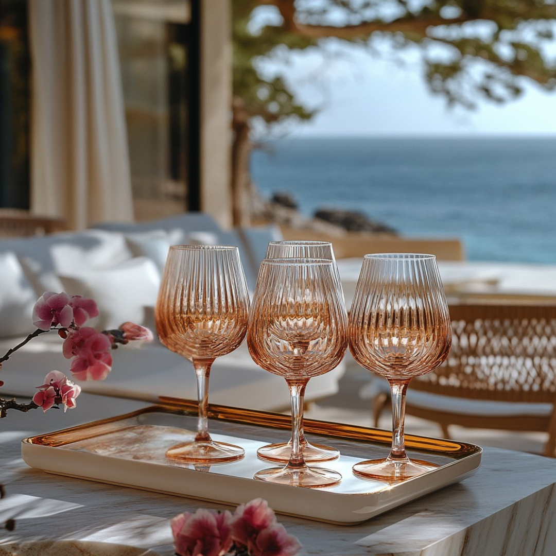 Three ribbed amber-tinted wine glasses elegantly displayed on a glossy white and gold tray atop a marble table. The setting overlooks a serene coastal view with turquoise waters and soft outdoor seating in the background. Pink cherry blossoms in the foreground add a romantic, tropical touch to this luxurious alfresco scene.