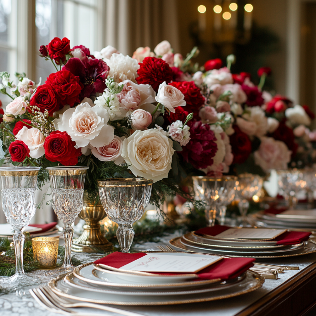 Luxurious formal table setting adorned with crystal stemware, gold-rimmed china, and deep red napkins atop elegant chargers. A lavish floral arrangement of red, blush, and ivory roses with greenery spans the center of the table in gold vases. Warm candlelight and soft natural light from nearby windows enhance the romantic, opulent ambiance—perfect for a Valentine’s Day or special occasion dinner.