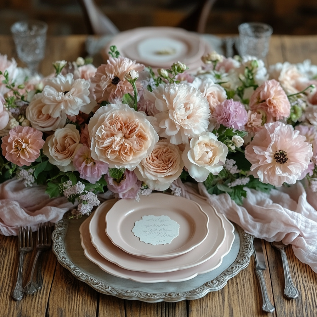Romantic table setting with scalloped blush pink plates layered on an ornate silver charger, accompanied by vintage silverware. A lush floral centerpiece of pale peach and pink garden roses, peonies, and ranunculus cascades across the rustic wooden table. Soft pink gauze fabric adds texture, creating an elegant, feminine atmosphere perfect for a bridal shower, Valentine’s Day, or springtime celebration.