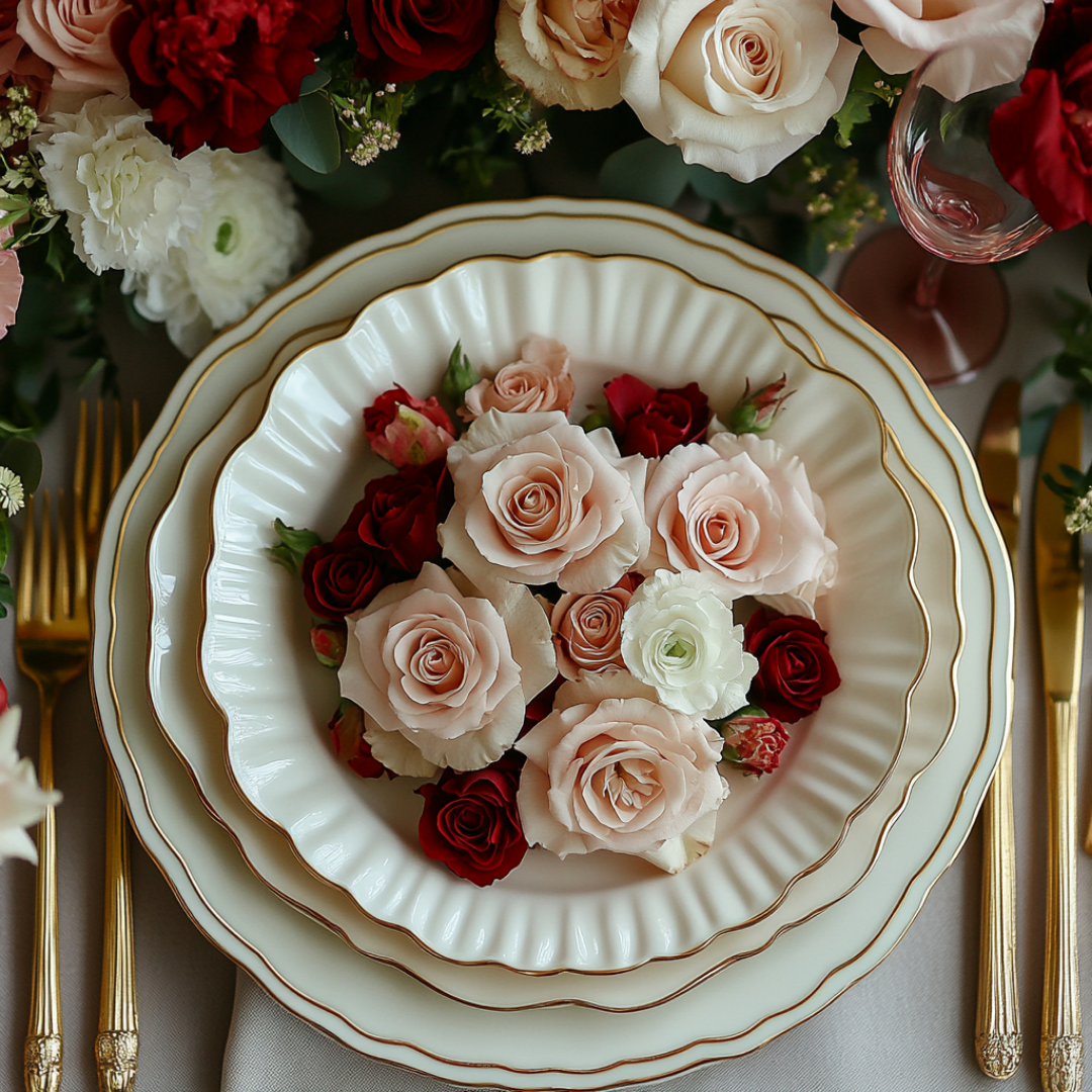 Close-up of an elegant Valentine’s Day place setting featuring scalloped ivory plates with gold trim, stacked neatly and topped with a stunning arrangement of fresh roses in blush, red, and ivory hues. Surrounded by gold flatware and lush floral arrangements, the setting exudes romantic sophistication, perfect for an intimate celebration or a luxurious dinner party.