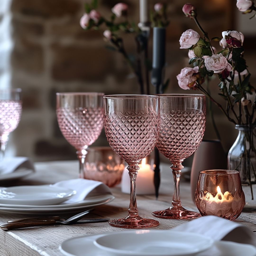 Romantic table setting featuring textured rose-colored goblets with a diamond-cut pattern, surrounded by soft candlelight and delicate pink roses in bud vases. White dinnerware and linen napkins are neatly arranged on a rustic wooden table, creating a cozy, elegant ambiance perfect for an intimate dinner or Valentine’s celebration. A stone wall in the background adds to the warm, inviting atmosphere.