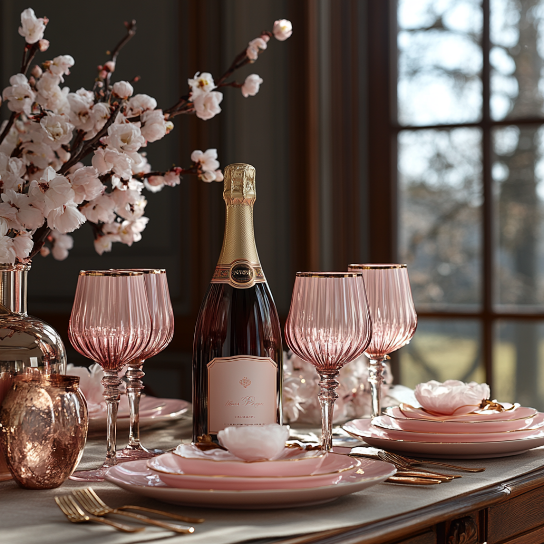 Luxurious Valentine’s Day table setting featuring blush pink plates with gold trim, matching pink ribbed wine glasses, and a bottle of sparkling rosé champagne as the centerpiece. Delicate white flower-shaped bowls rest atop each plate, adding a romantic touch. A soft cherry blossom arrangement in a rose gold vase and metallic candleholders complete the elegant and intimate setup, all bathed in natural light from a nearby window.
