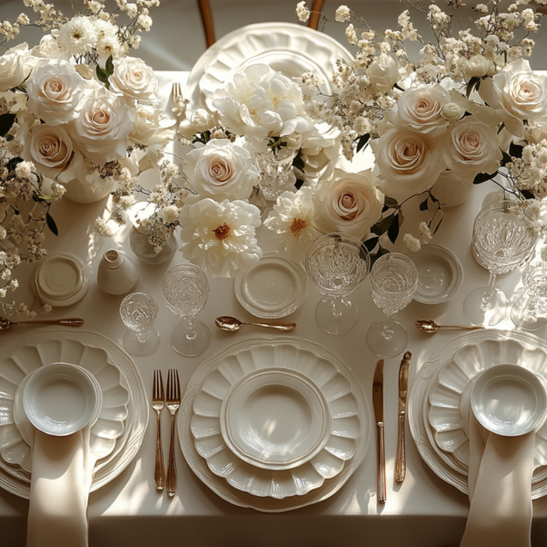Luxurious overhead view of a formal tablescape featuring scalloped ivory plates, crystal glassware, gold flatware, and elegant floral arrangements of soft white roses and baby's breath in ivory vases.