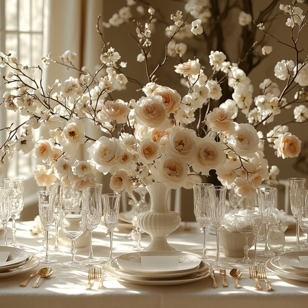 Elegant wedding table setting featuring an ornate ivory vase overflowing with blush and white roses and cherry blossom branches, surrounded by crystal stemware, layered white dinnerware, and gold flatware.