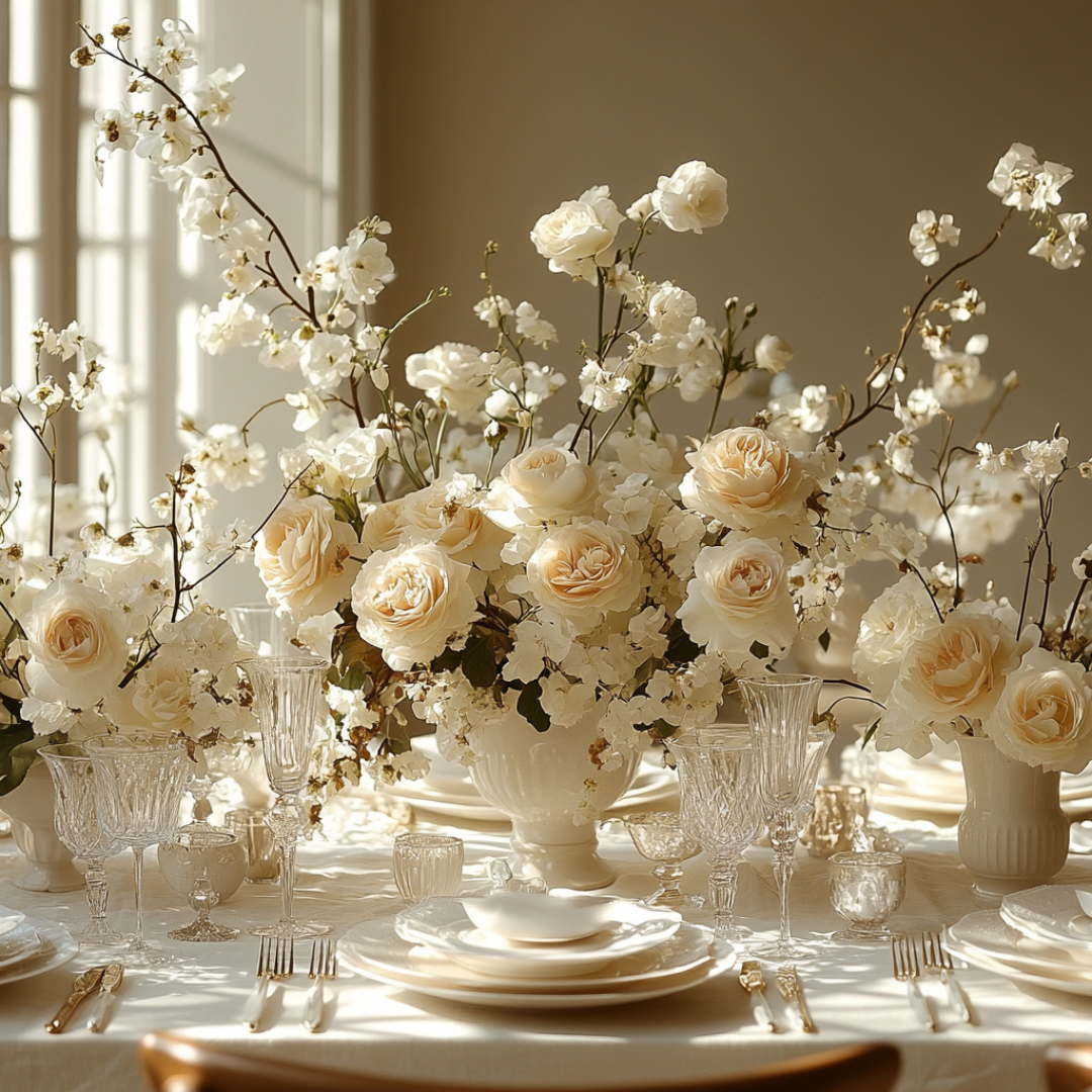 Elegant table set for a wedding shower, adorned with ivory roses, cherry blossoms, and sparkling crystal stemware, all softly lit by golden afternoon light.